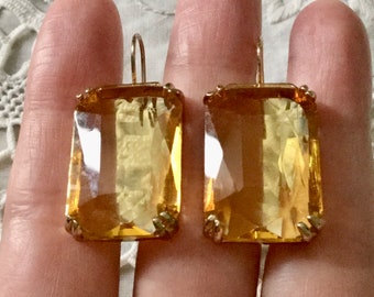 CITRINE GOLD PLATED Art Deco Stunning Vintage Earrings- Beautiful Sparkly Stone- Original Design Jewel- Citrine from France