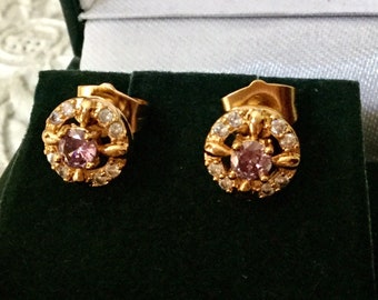 Vintage AMETHYST blanco TOPAZ pendientes chapados en oro- Piedras brillantes - Diseño vintage de lujo- diseño- Vintage de Francia