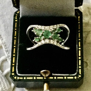 Genuine COLOMBIAN EMERALD TOPAZ Vermeil White Gold on Sterling- Luxury Great Vintage Ring- Natural Emerald- from France