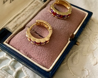 GRANATE AMATISTA Pendientes vintage chapados en oro- Amatista granate talla princesa - Piedras brillantes - Elegante joyería vintage de Francia