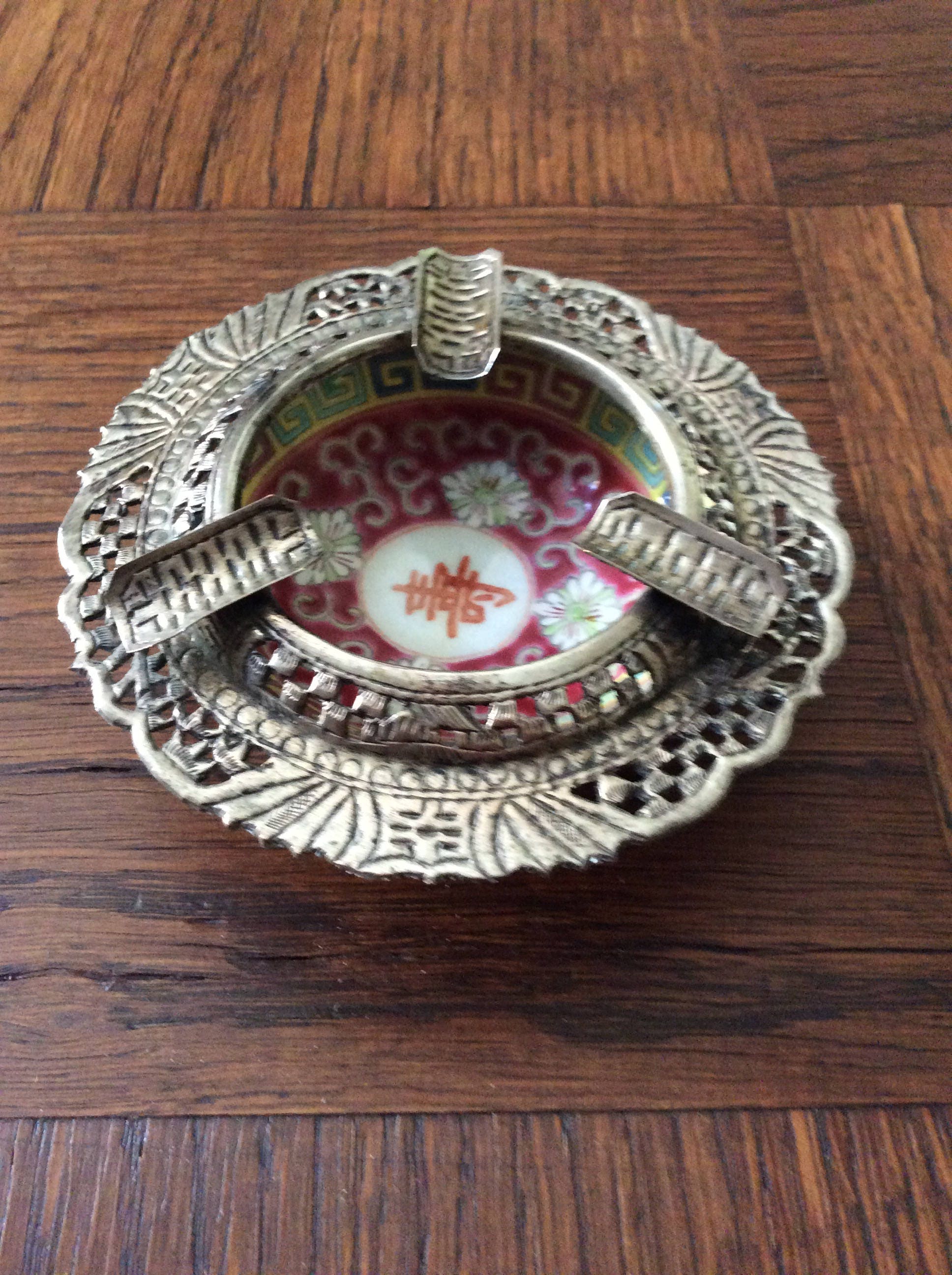 C1800 Antique China Ashtray - Hand Carved Solid Silver - Antique Porcelain Signed, Hand Painted - En