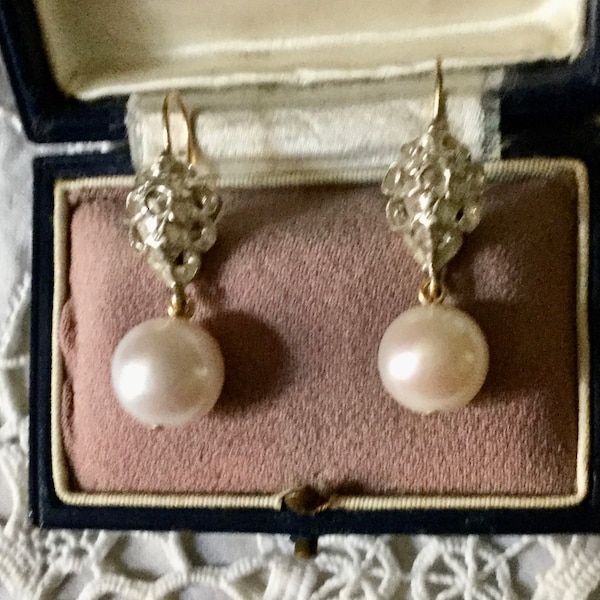 Antik DIAMOND  GREAT  PEARL Gold / Silver Earrings- Antique Jewelry-Genuine Diamond- Exceptional Antik Diamond Earring from France