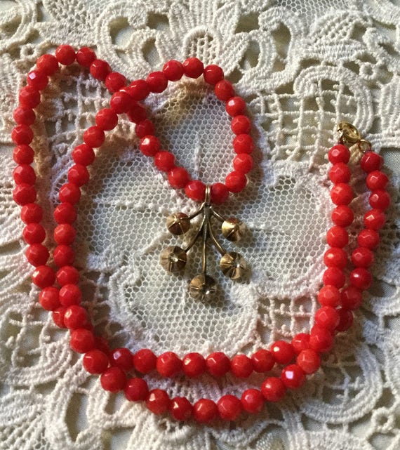 Vintage RED CORAL, GOLD Silver- White Sapphire Co… - image 5