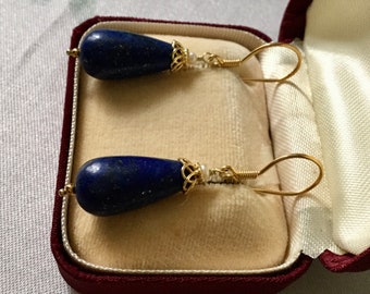 Vintage LAPIS Seed PEARL VERMEIL Earrings- Natural stone lapis- small Seed pearl- Gold on sterling silver- Beautiful hand made Earrings!