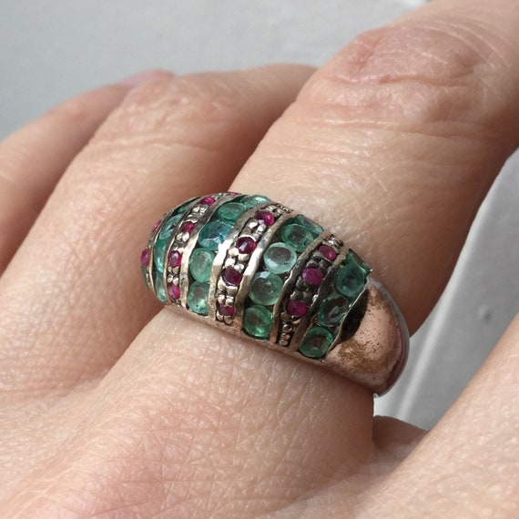 COLOMBIAN EMERALD RUBY Sterling Large Vintage Rin… - image 5