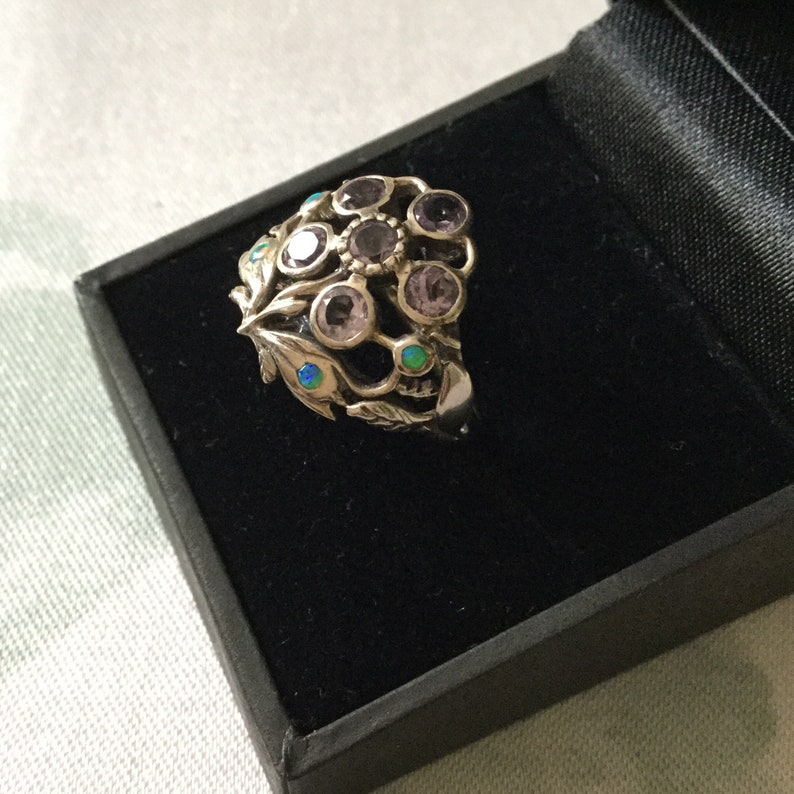 AMETHYST OPAL STERLING Vintage Victorian Ring Sparkly Amethyst Small