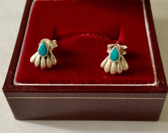 TURQUOISE MODERNIST STERLING Silver Vintage Earrings- Original Design- Genuine Turquoise - Hallmark - Vintage Earrings from France