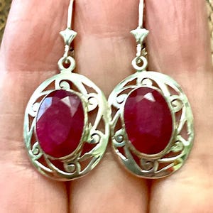 HUGE NATURAL RUBY Carved Sterling Earrings- Sterling silver- Genuine Stunning  Ruby - Hallmarks- Unique Vintage  Jewelry from France