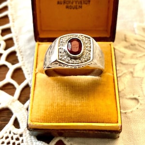 GENUINE  RUBY White GOLD / Sterling Large Tank Vintage Ring- Topaz- -Natural Ruby-Haute Couture  Luxury Vintage design from France