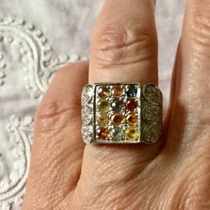 MULTICOLORS SAPPHIRE White 14K Gold / Sterling VINTAGE Ring -Natural Sapphire-Luxury Original Large design-Unique Jewel from France