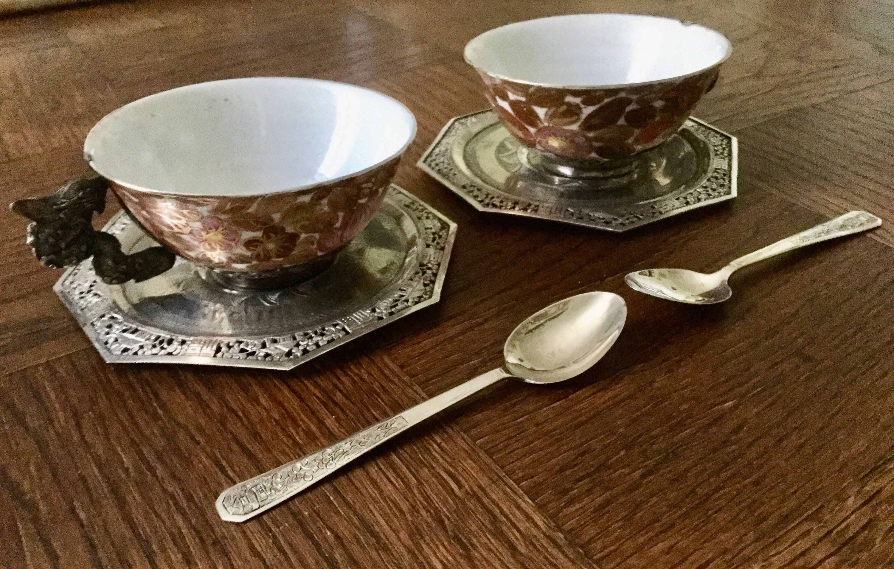 C1800 Exceptional Antique China 2 Tea Cup Spoons -Hand Carved Solid Silver- Antique Porcelain Signed