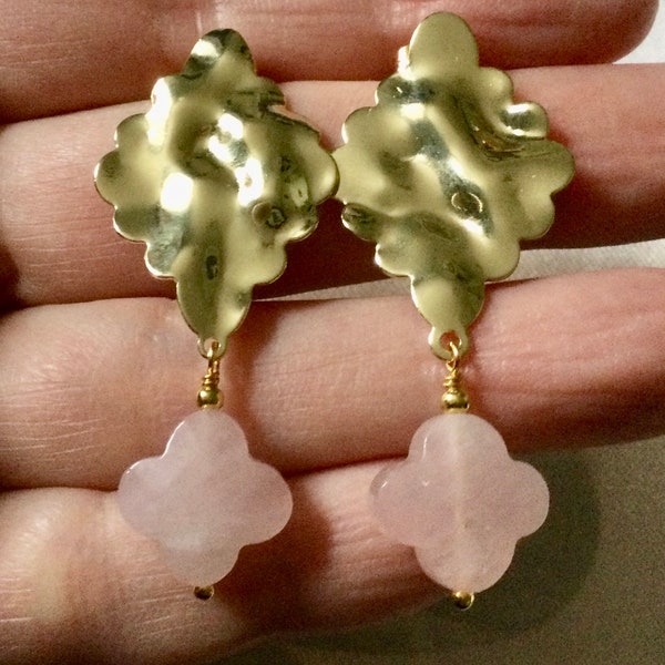 CARVED ROSE QUARTZ  Design Gold Plated Long Earrings- Genuine  Pink Stone-  Very Beautiful Vintage Earrings- from France