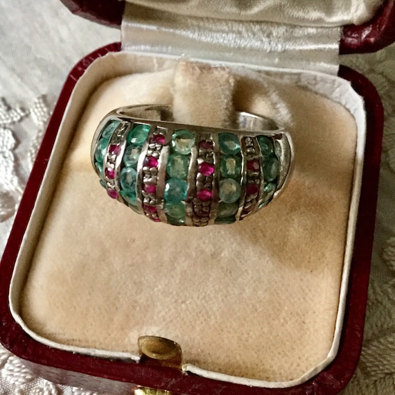 COLOMBIAN EMERALD RUBY Sterling Large Vintage Rin… - image 2