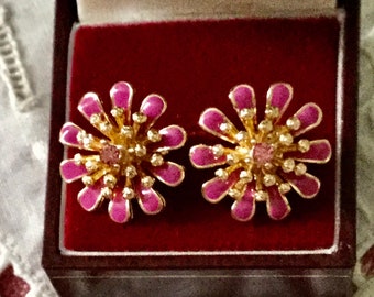 ENAMEL GOLD PLATED Flowerd Vintage earrings- Pink Rhinestone- Beautiful design- Sterling silver 925 stem- Nice Colors- from France