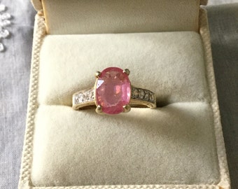 GENUINE Pink RUBY GOLD Sterling Luxury Ring- Splendid Natural Ruby- Gold & Sterling silver- Small White Topaz- Vintage from France