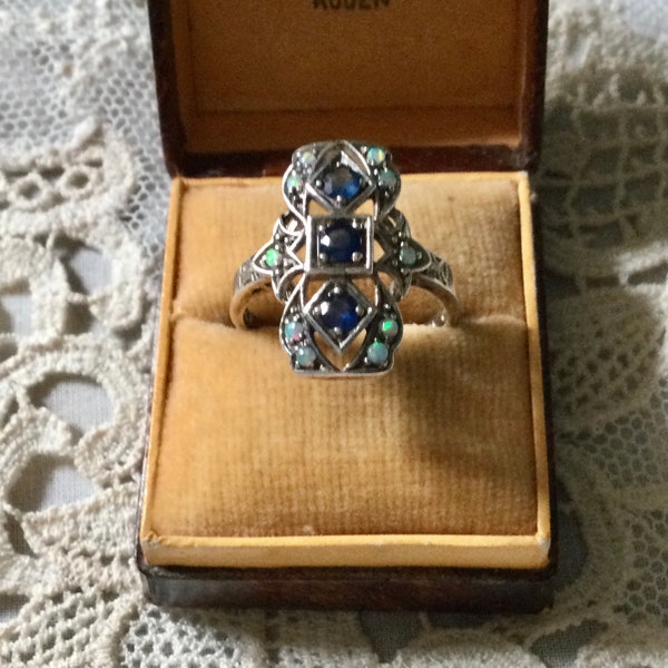 VICTORIAN MARQUISE SAPPHIRE Opal Sterling Vintage Ring- Stunning Luxury Jewel- Narural Sapphire- Vintage from France