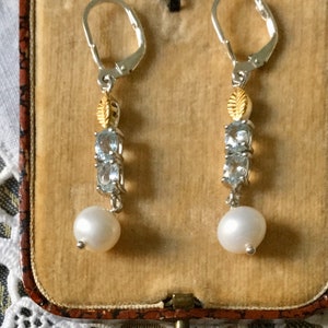 NATURAL AQUAMARINE PEARL Gold/ Sterling Vintage Earrings- Stunning Aquamarine- French Vintage Luxury - Design- genuine Pearl- from France