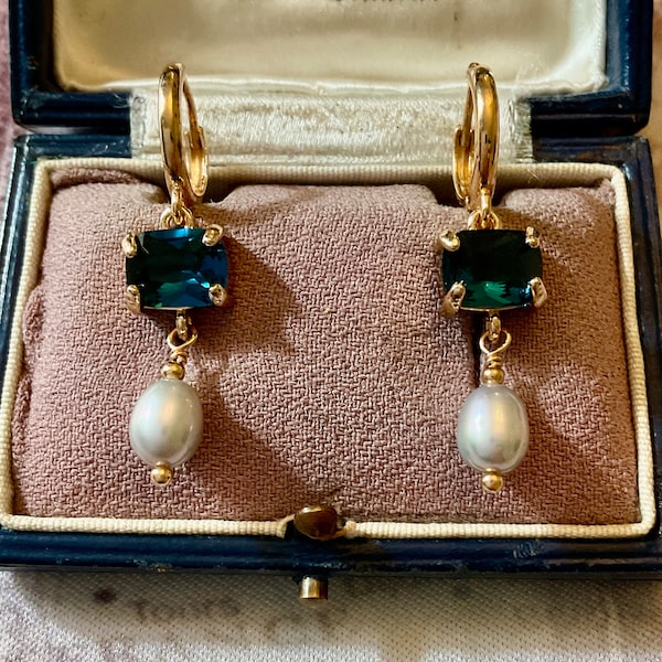 SAPPHIRE Gray BAROQUE PEARL Gold Plated Victorian Vintage Earrings - Blue Sparkly Stone- Genuine Pearl- Great Design Jewel - from France