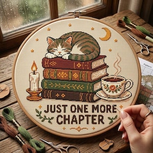 Just One More Chapter Cat Cross Stitch Pattern: Bookish Cottagecore Cute Embroidery PDF