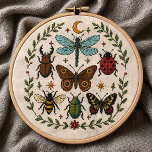 Op de afbeelding: Een ronde houten borduurring met een kruissteekpatroon op crèmekleurige stof. Het ontwerp toont een bruine vlinder in het midden, omringd door een blauwe libel, een rood lieveheersbeestje, een bij, een groene kever en een zwarte vlinder, omlijst door bladeren.