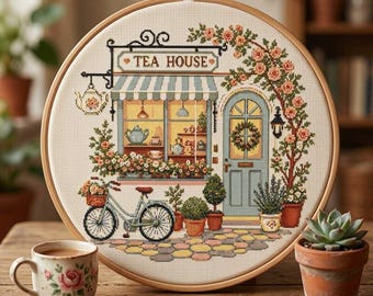Cozy Tea House Cross Stitch Pattern: Cottagecore Floral Shop Cute Embroidery PDF