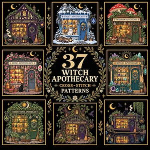 Puede incluir: Una colección de 37 patrones de punto de cruz Witch Apothecary con ilustraciones detalladas de varias tiendas, incluyendo una botica de escarcha, setas, rosas, cristales y hierbas, sobre un fondo negro con detalles en dorado.