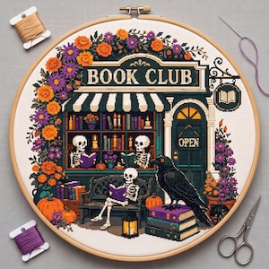 Korsstygnsmönster för Skelettbokklubben: Halloweenbokhandel Korp Gotisk Broderi PDF