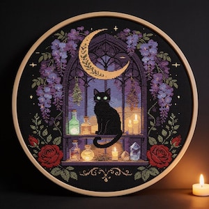 May include: A circular cross-stitch embroidery in a wooden hoop featuring a black cat sitting on a shelf before a gothic window. The scene includes a crescent moon, purple wisteria, red roses, glowing glass bottles, and lit candles on a black background.