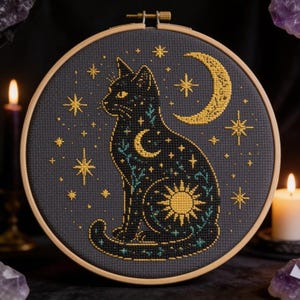 Celestial Black Cat Cross Stitch Pattern: Moon Stars Occult Gothic Embroidery PDF