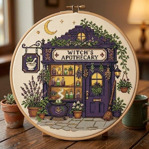 Puede incluir: Un bordado de punto de cruz circular en un bastidor de madera que representa un edificio morado con la etiqueta WITCH'S APOTHECARY. La escena muestra una tienda con estantes de botellas, un caldero humeante, plantas colgantes y una escoba.