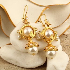 Handmade Brass Earrings with Glass Pearls | Elegant 24K Gold Plated Jewelry | Turkish Jewelry Earring