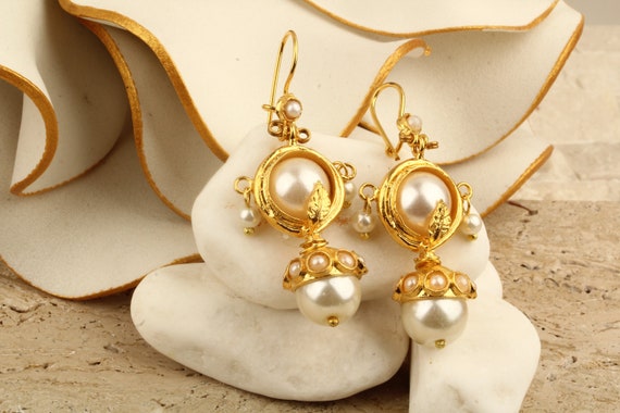 Handmade Brass Earrings With Glass Pearls Elegant 24K Gold