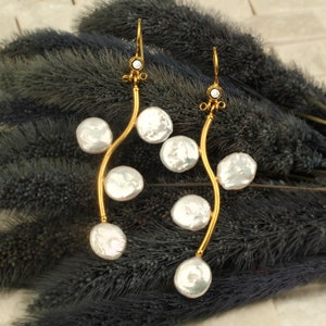 Handmade Brass Earrings with Freshwater Pearls | Elegant 24K Gold Plated Jewelry | Turkish Jewelry Pearl Earring