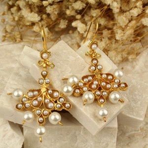 Handmade Brass Earrings with Glass Pearls | Elegant 24K Gold Plated Jewelry | Turkish Jewelry Earring