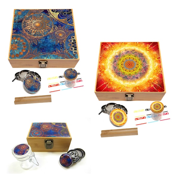 Large or Small Spice Bamboo Stash Box Set, with Metal Grinder & Stash Jar, Mandala Design