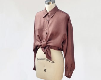 vintage 1980s silk button up blouse / 80s satin silk shirt collared long sleeve / brown mauve purple plum mocha chocolate / minimal neutral