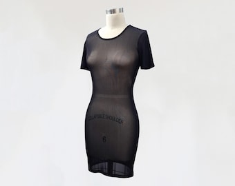 vintage 1990s 90s sheer black mesh net slip dress 2000s 00s y2k see through blouse top victorias secret mini midi bodycon goth witch grunge