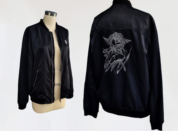 Vintage 2000s Embroidered Bomber Jacket / 00s 90s Black Silk Satin 