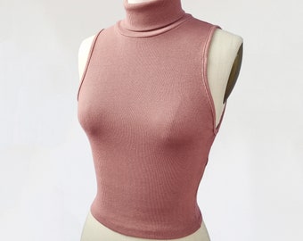 vintage 1990s turtleneck crop top / 90s high neck ribbed stretch knit cropped blouse / y2k neutral minimal rib camisole cami small medium