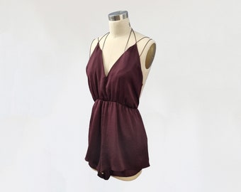 vintage 1990s plum burgundy bodysuit / 90s silk satin teddy romper lingerie plunge one piece / burgundy camisole cami shorts / pyjama pajama