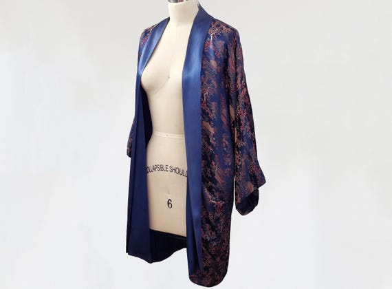 vintage 1950s brocade silk satin kimono robe / 50s rayon silk blue gold red embroidered floral womens / 1960s 1970s 70s mens smoking jacket