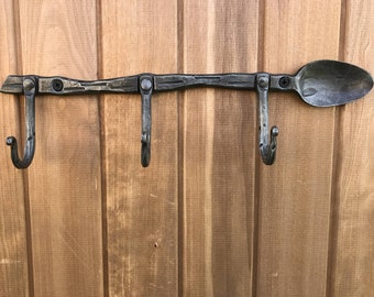 Hand Forged Spoon Coat Rack, Rustic Wall Hooks, Entryway Organizer