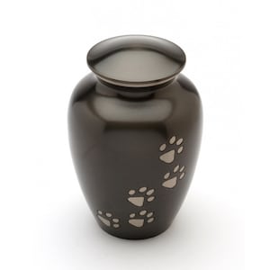 Può includere: Una piccola urna in metallo grigio scuro con finitura lucida. L'urna presenta un design con impronte di zampe in un colore grigio più chiaro.