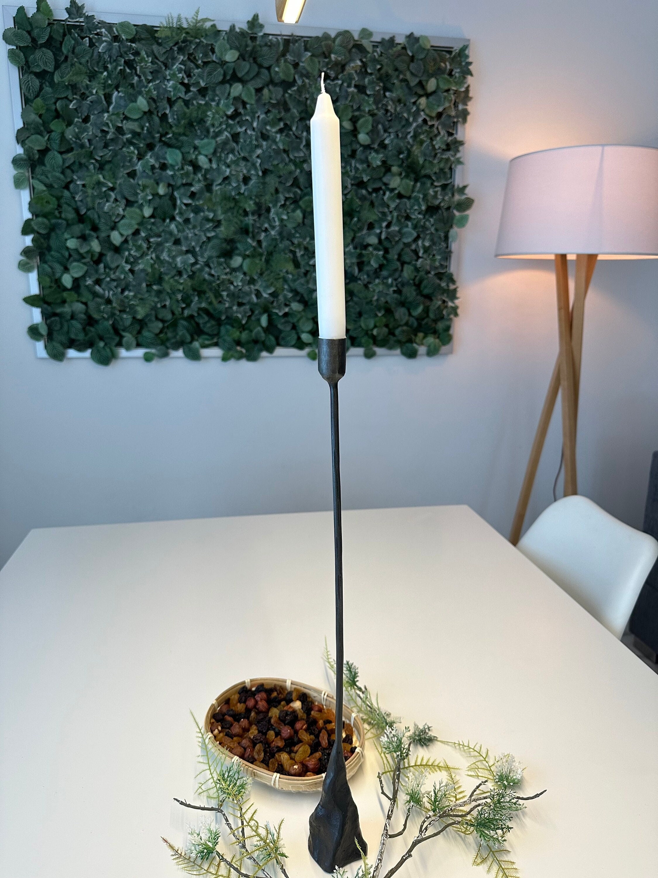 Sleek Hand Forged Iron Candle Stand