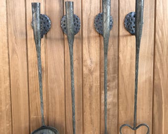 Hand Forged Iron Compact Fireplace Tool Set Poker Tongs Shovel Broom and Stand Shepherd's Hook Style Wood Stove Firepit