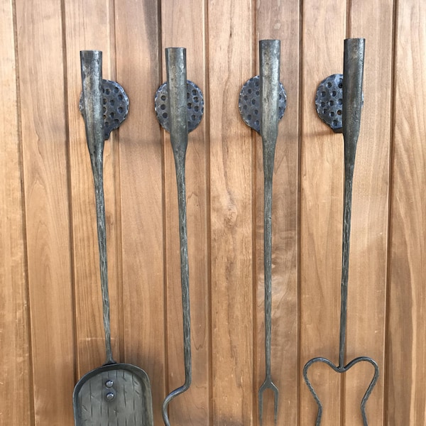 Hand Forged Iron Compact Fireplace Tool Set Poker Tongs Shovel Broom and Stand Shepherd's Hook Style Wood Stove Firepit