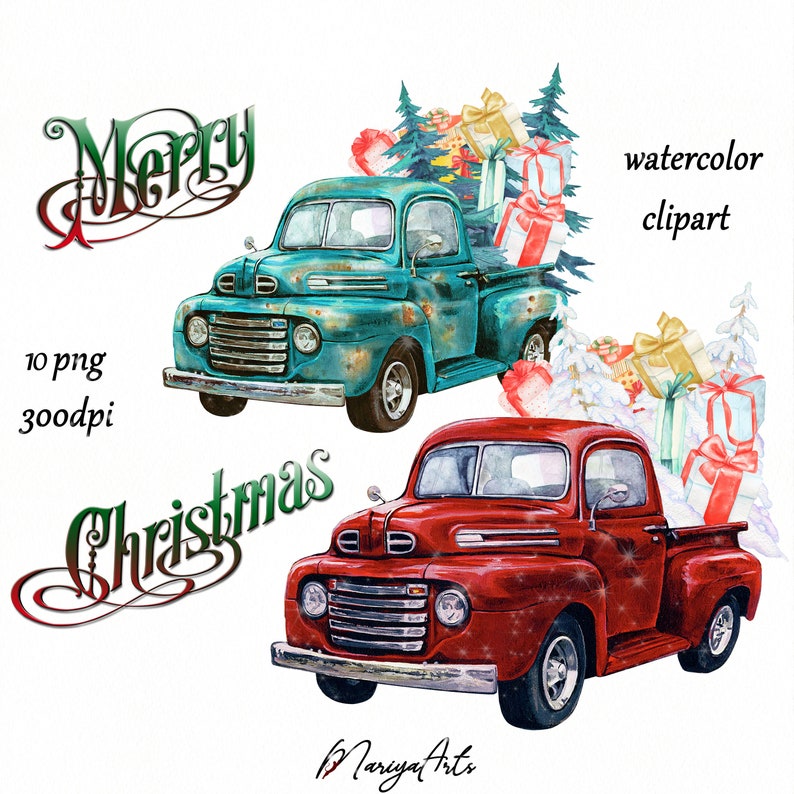 Holiday Gifts Box Pine Tree Watercolor Christmas Truck Old Turquoise Pickup Christmas tree Snow Vintage Red Truck Clipart Stardust