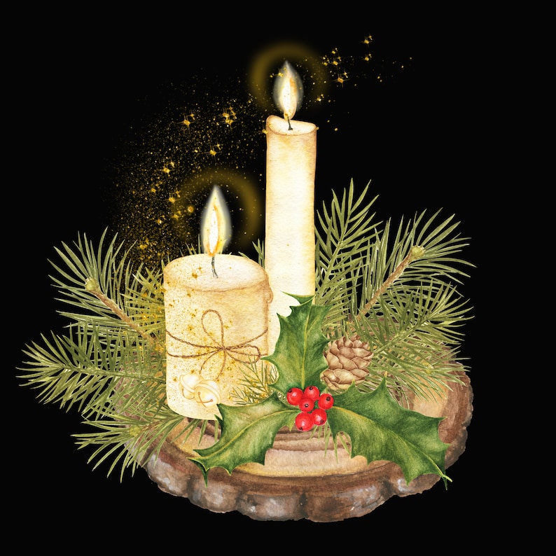 Watercolor Christmas Candles Clipart Merry Christmas Design Holiday Decoration Art Illustration Bells Hand Painted Floral Composition