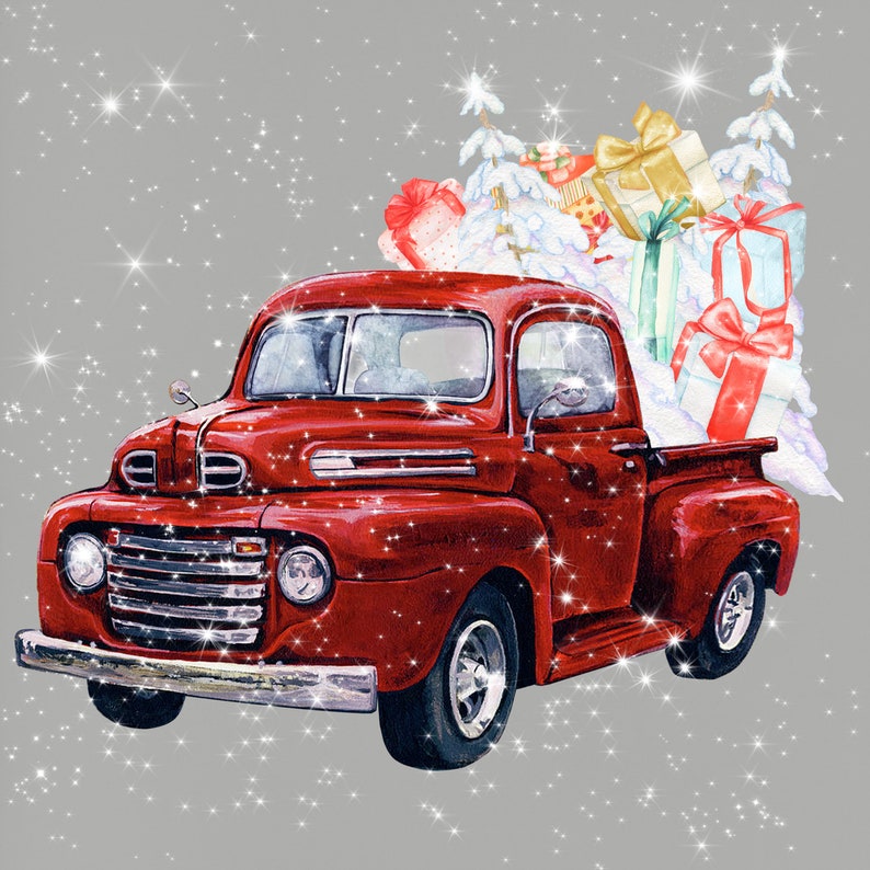Holiday Gifts Box Pine Tree Watercolor Christmas Truck Old Turquoise Pickup Christmas tree Snow Vintage Red Truck Clipart Stardust