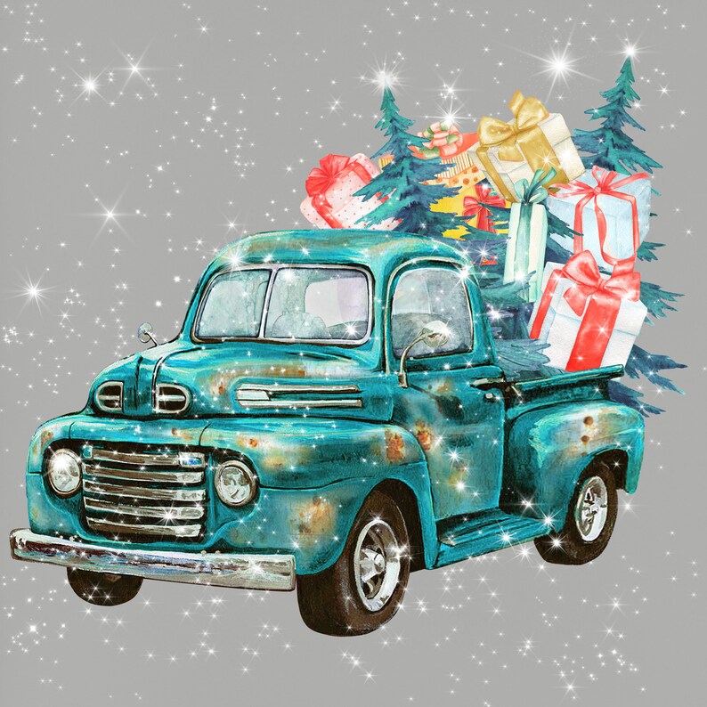 Holiday Gifts Box Pine Tree Watercolor Christmas Truck Old Turquoise Pickup Christmas tree Snow Vintage Red Truck Clipart Stardust